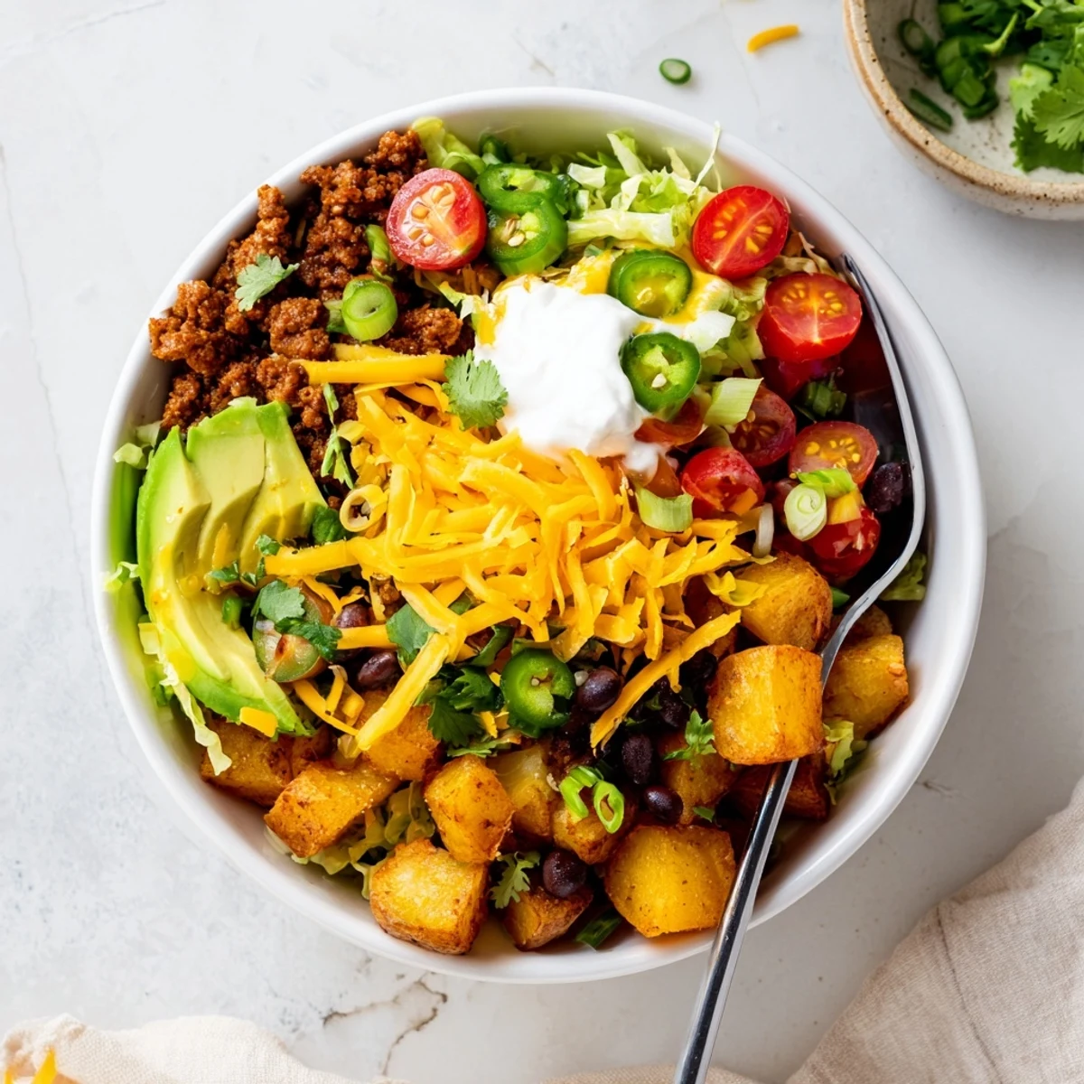 Bowl piled high with spiced roasted potatoes and taco meat layered with cheese, lettuce, tomatoes, and creamy sour cream