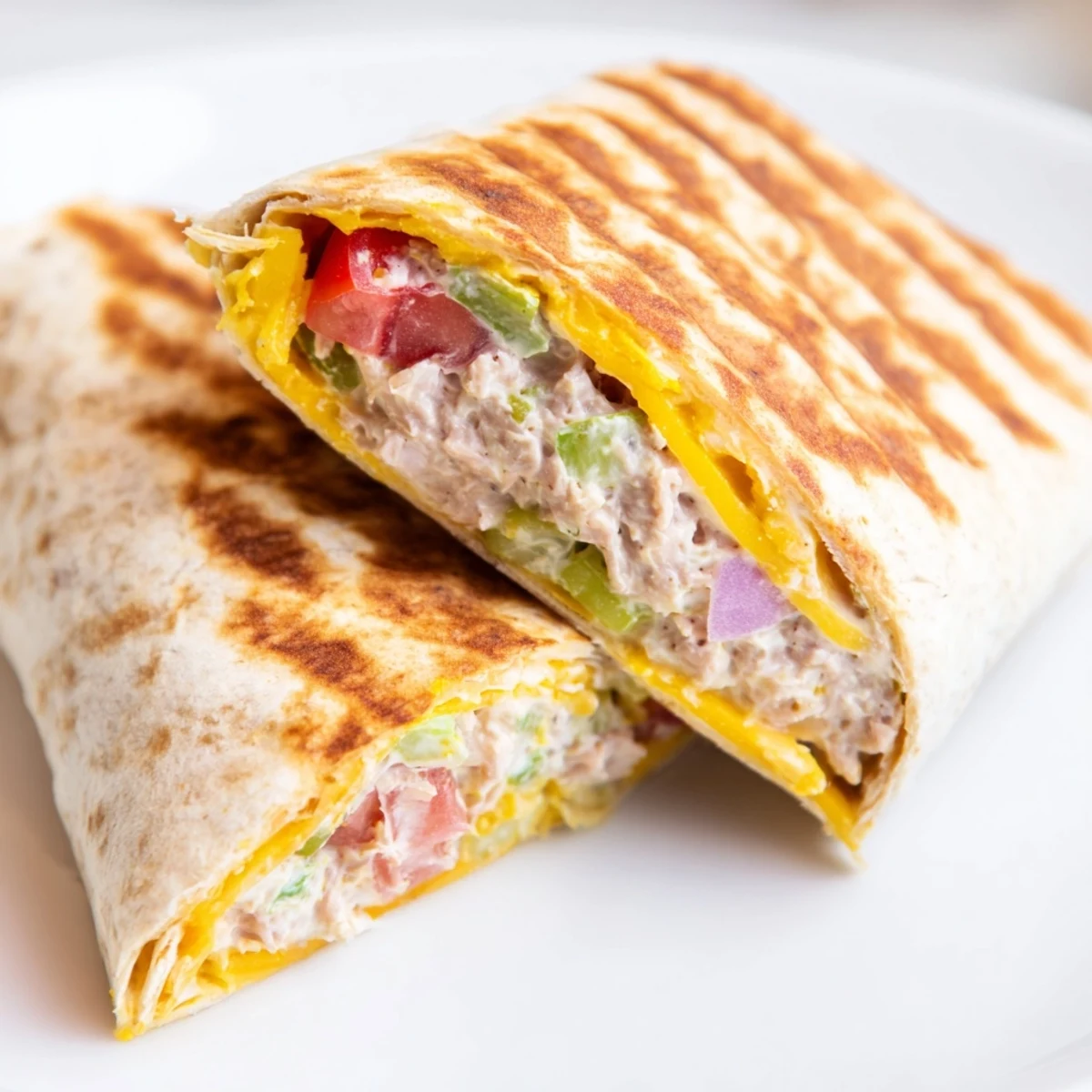 Golden grilled tuna melt wrap sliced in half revealing melted cheddar cheese and creamy tuna filling