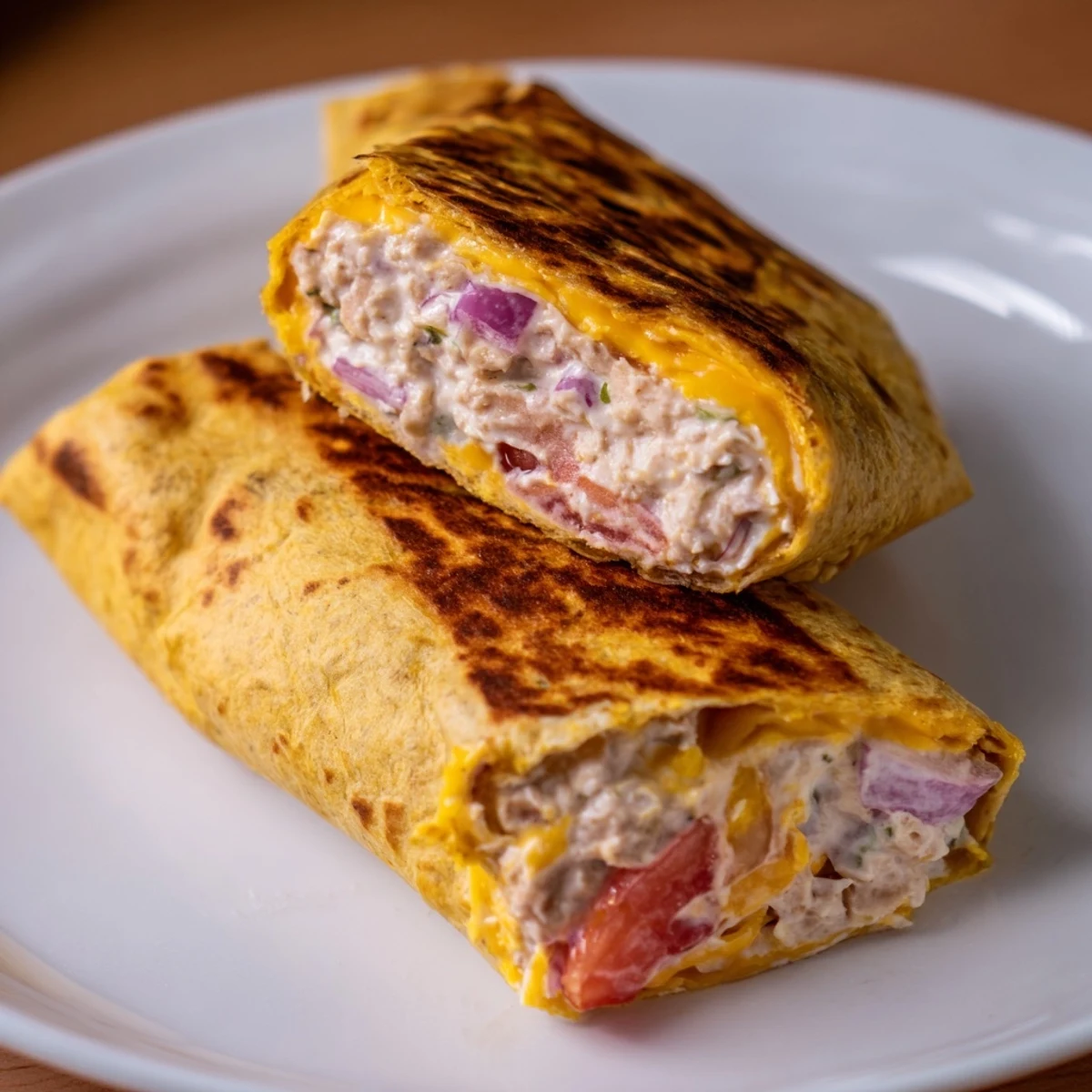 Tuna melt wrap cross-section showing layers of seasoned tuna salad and gooey melted cheddar cheese