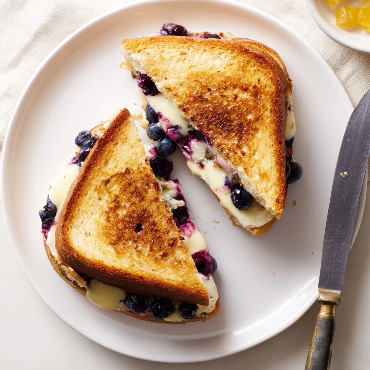 Buttery grilled cheese stuffed with juicy blueberries served on a white cutting board