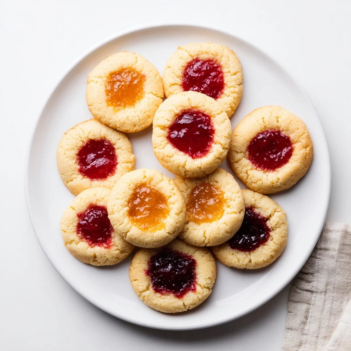 Golden fruity thumbprint cookies featuring raspberry jam centers on a white baking sheet