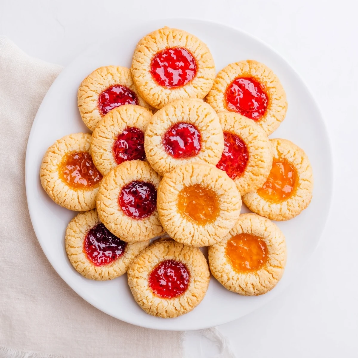 Buttery thumbprint cookies filled with colorful fruit preserves arranged for holiday dessert platter