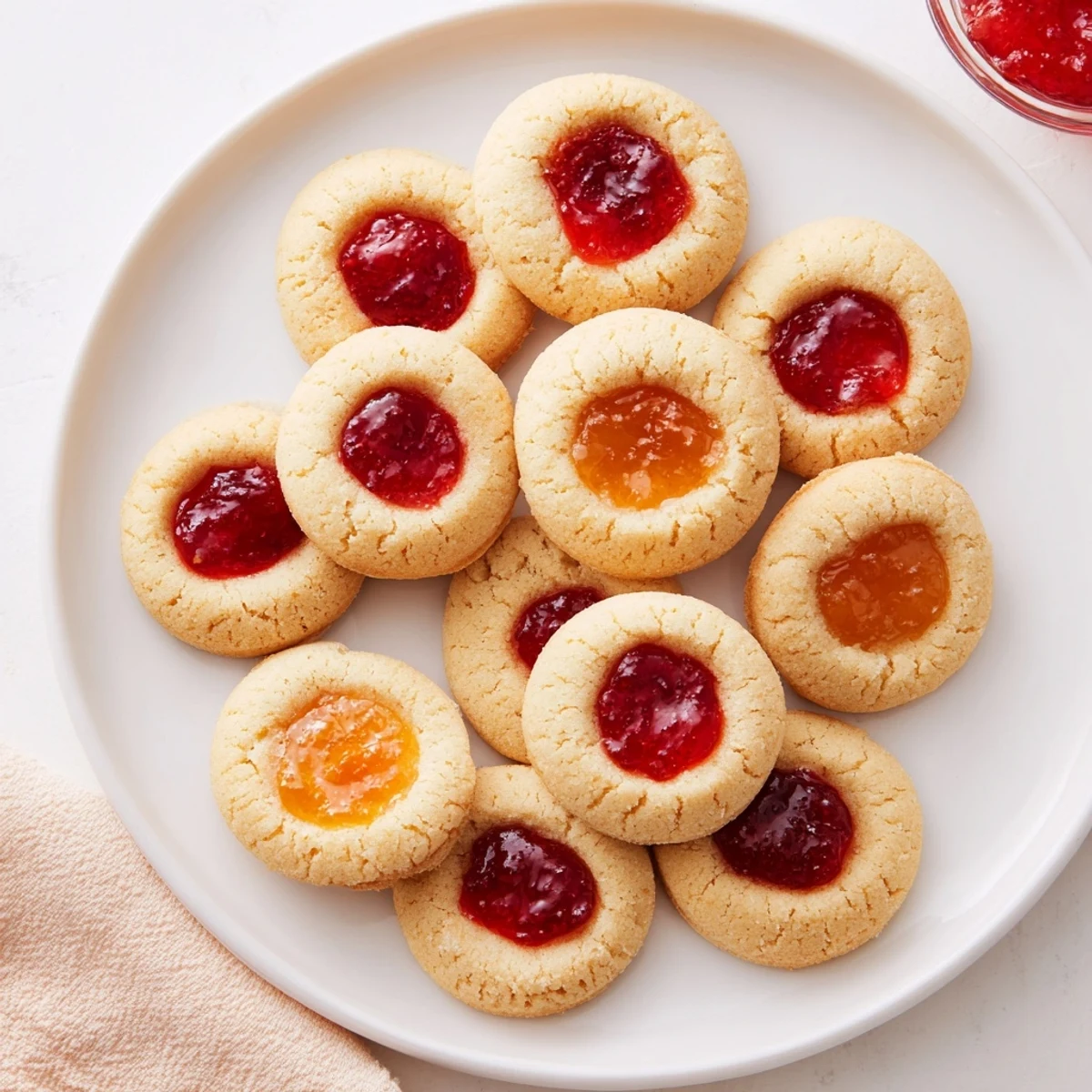 Homemade fruity thumbprint cookies with shiny jam filling cooling on wire rack