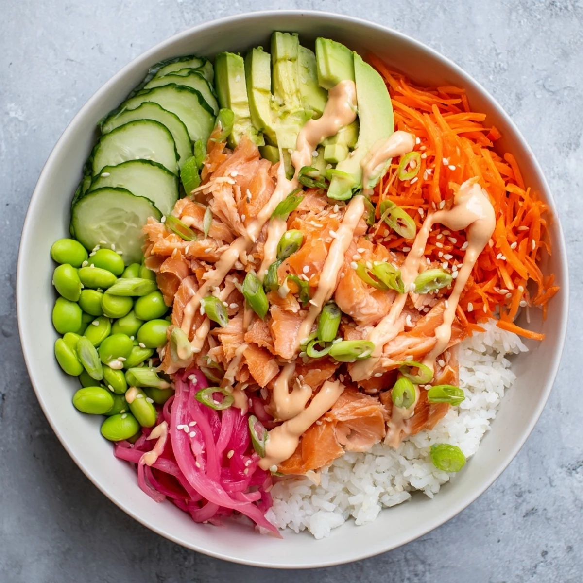 Flaky salmon arranged over rice with fresh vegetables and sesame topped garnishThe user wants 3 ALT texts for this recipe photo.Let me analyze what1. The main keyword is "easy salmon bowl" or "salmon bowl"