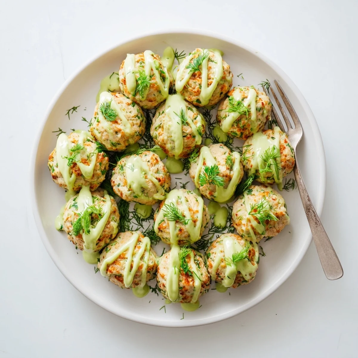 Golden baked salmon meatballs arranged on a white plate with vibrant green avocado sauce drizzled over the top