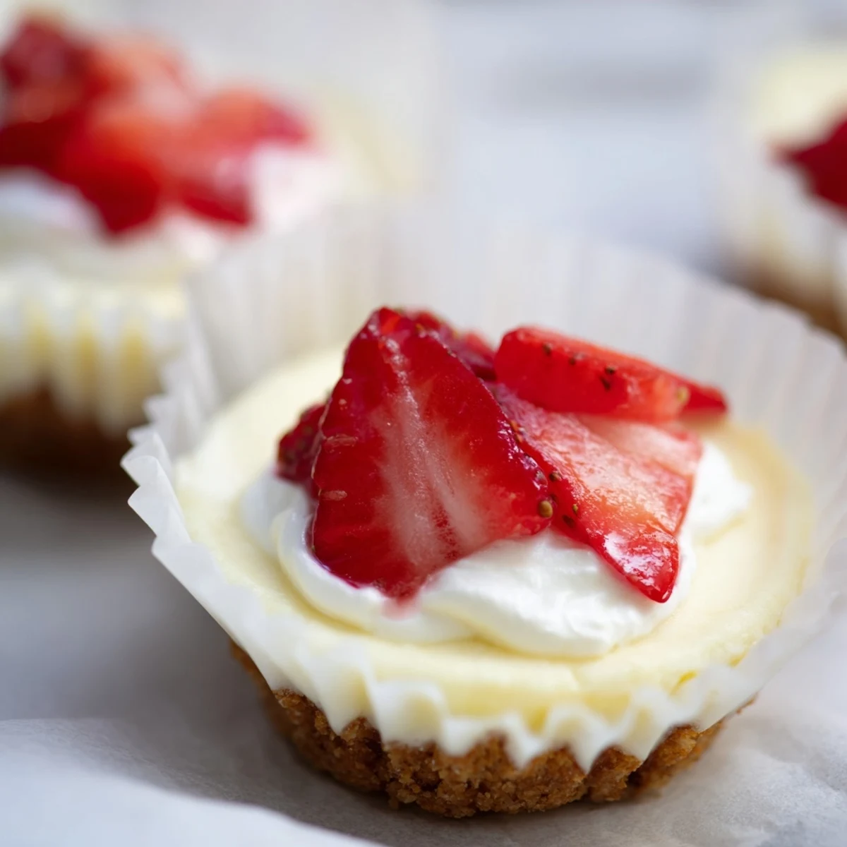 Golden mini cheesecakes with vanilla wafer crust topped with fresh red berries
