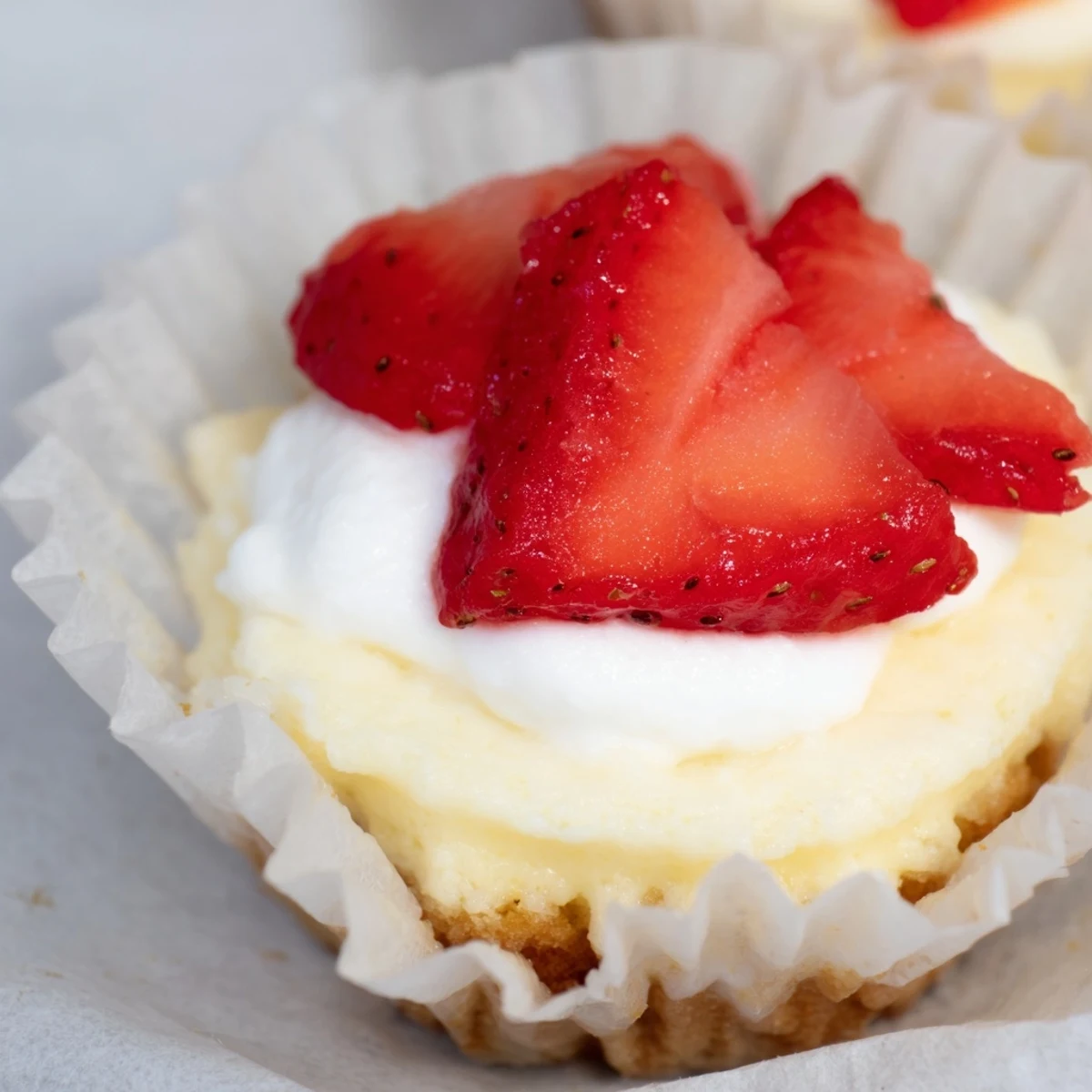Two bite-sized vanilla wafer cheesecakes garnished with sweet powdered sugar topping