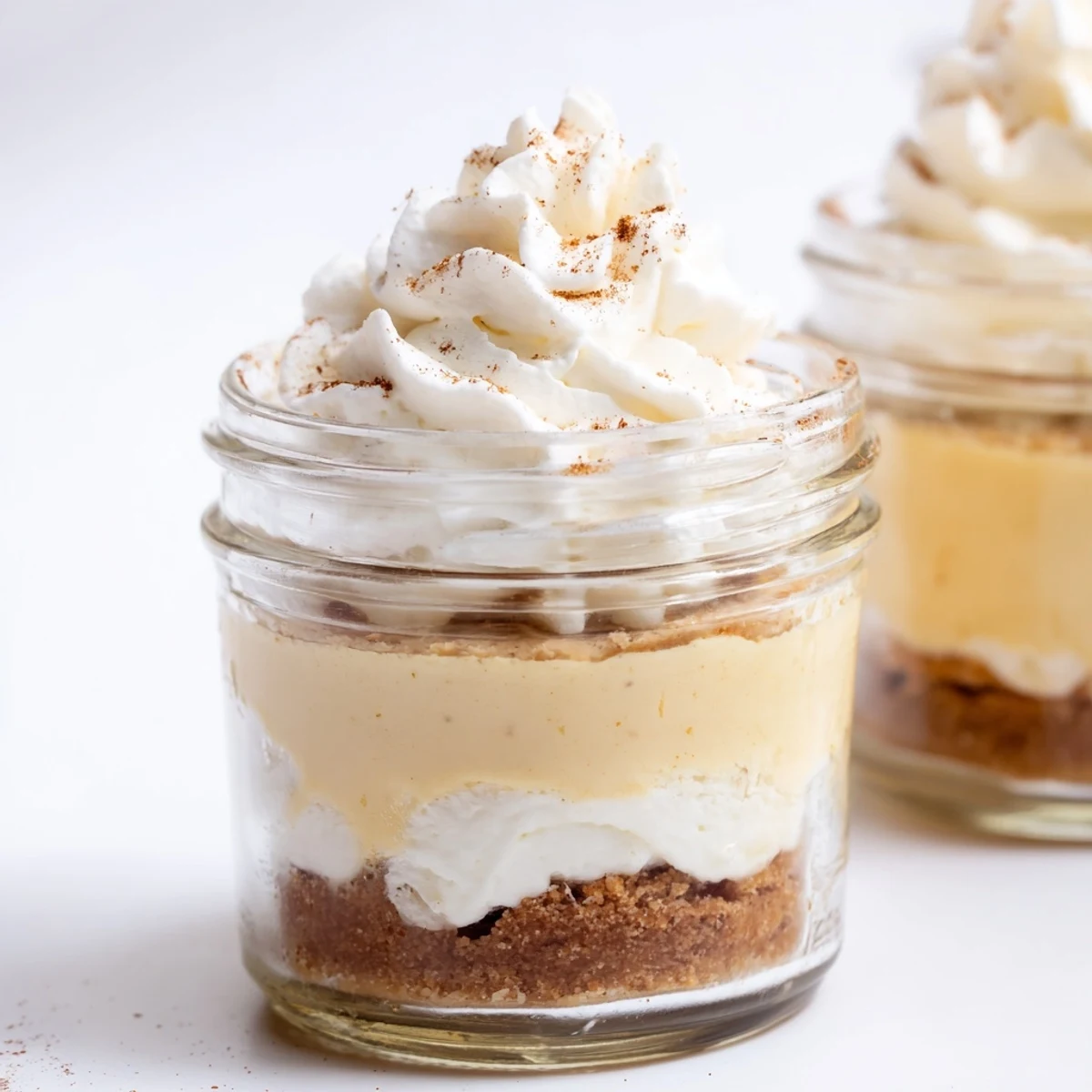 Individual mason jar desserts featuring cinnamon spiced cheesecake filling layered over buttery graham cracker crust