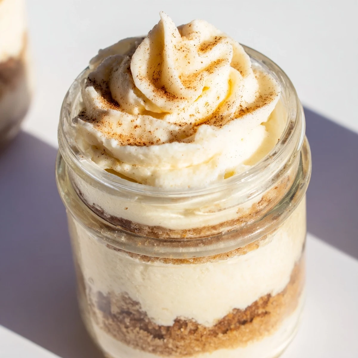 Glass jars showcasing layered no bake spiced cheesecakes dusted with cinnamon and topped with cream