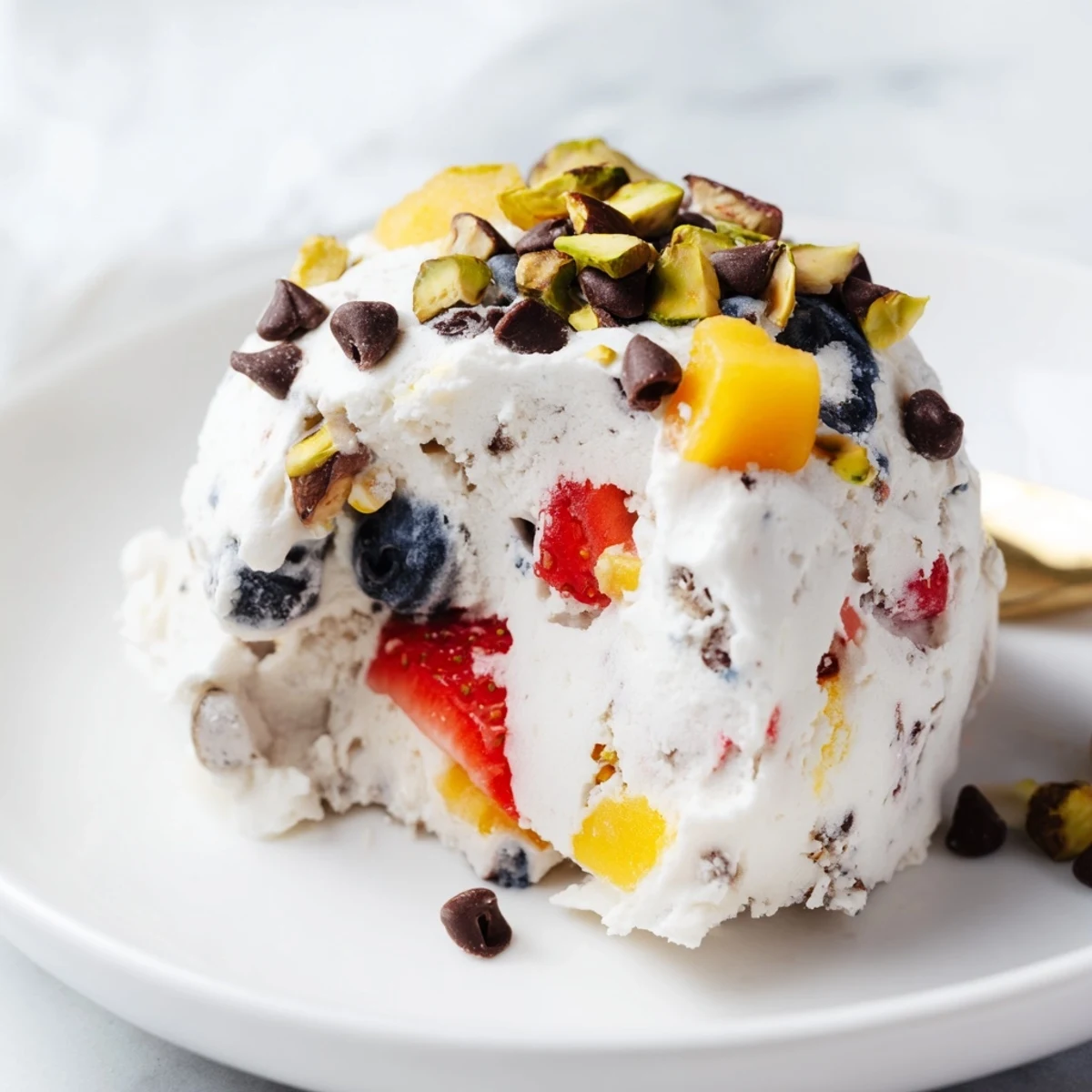 Colorful frozen Greek yogurt bites arranged on a white baking sheet with fresh strawberries and blueberries visible inside the creamy rounds