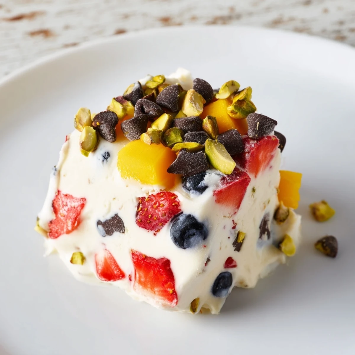 Close-up of frozen Greek yogurt bites topped with mini dark chocolate chips and chopped nuts on a marble surface