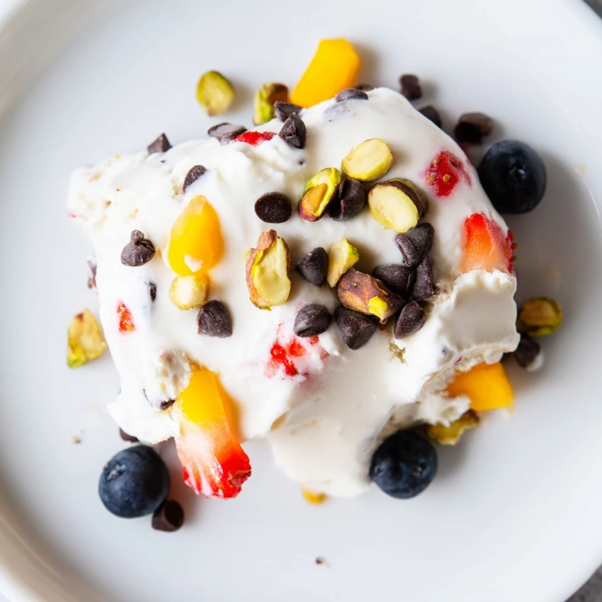 A serving spoon lifting a frozen Greek yogurt bite revealing chunks of bright mango and strawberries in the smooth yogurt mixture
