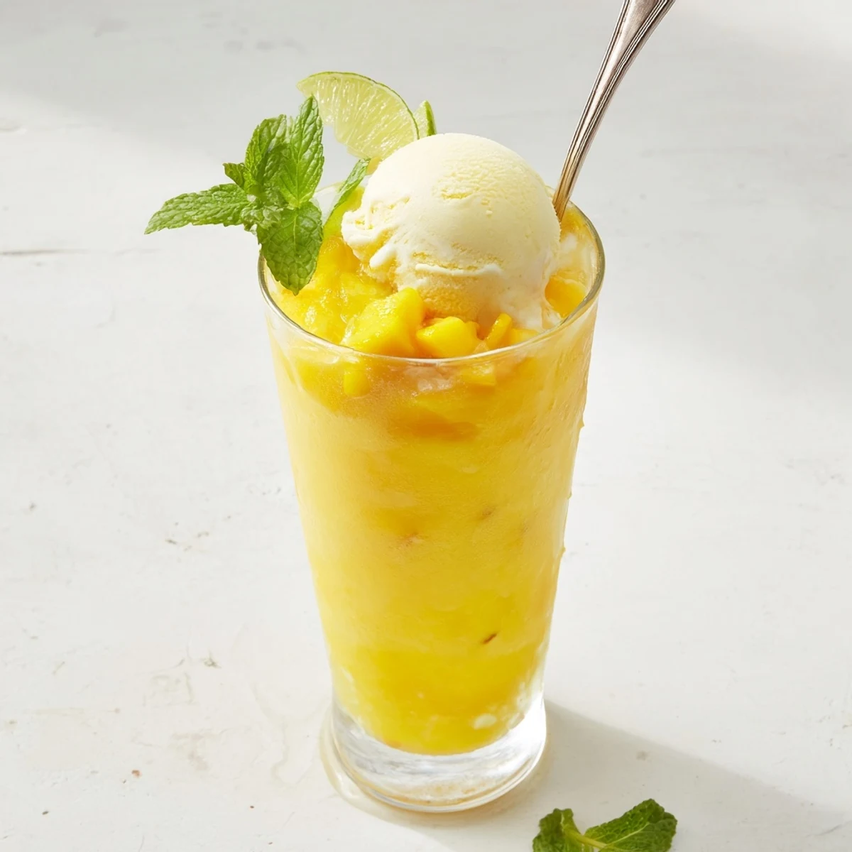 Tropical mango ginger glow rebel float topped with creamy vanilla scoop and mint