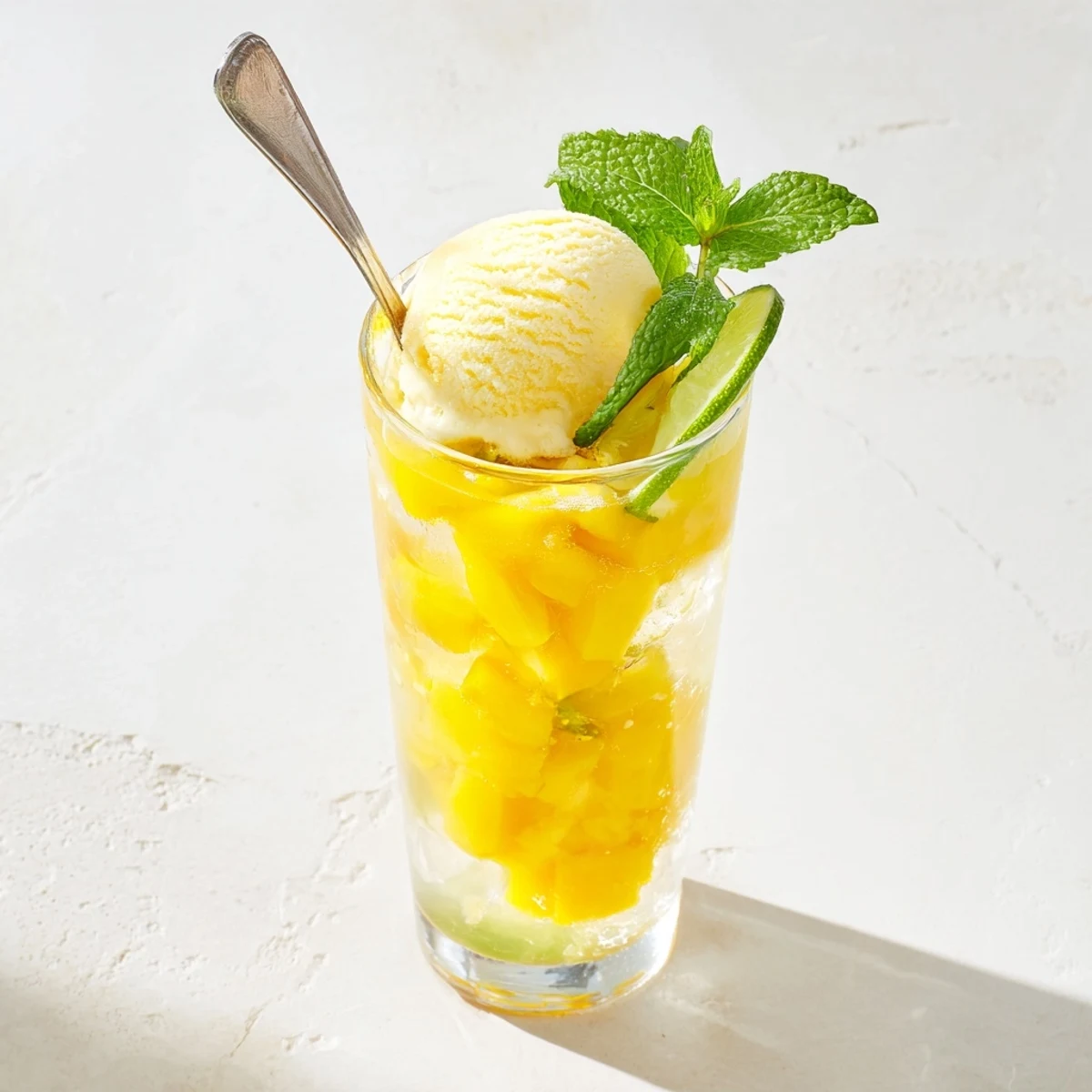 Golden mango ginger float with vanilla ice cream floating in sparkling water