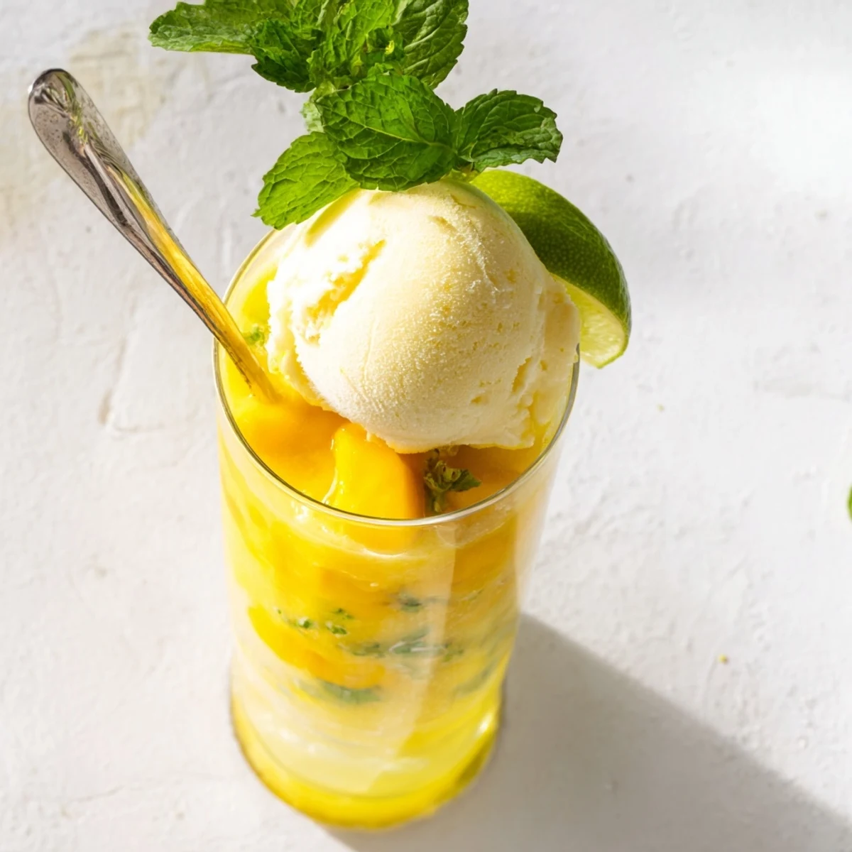 Refreshing mango ginger beverage with bubbling soda and melting vanilla ice cream garnish