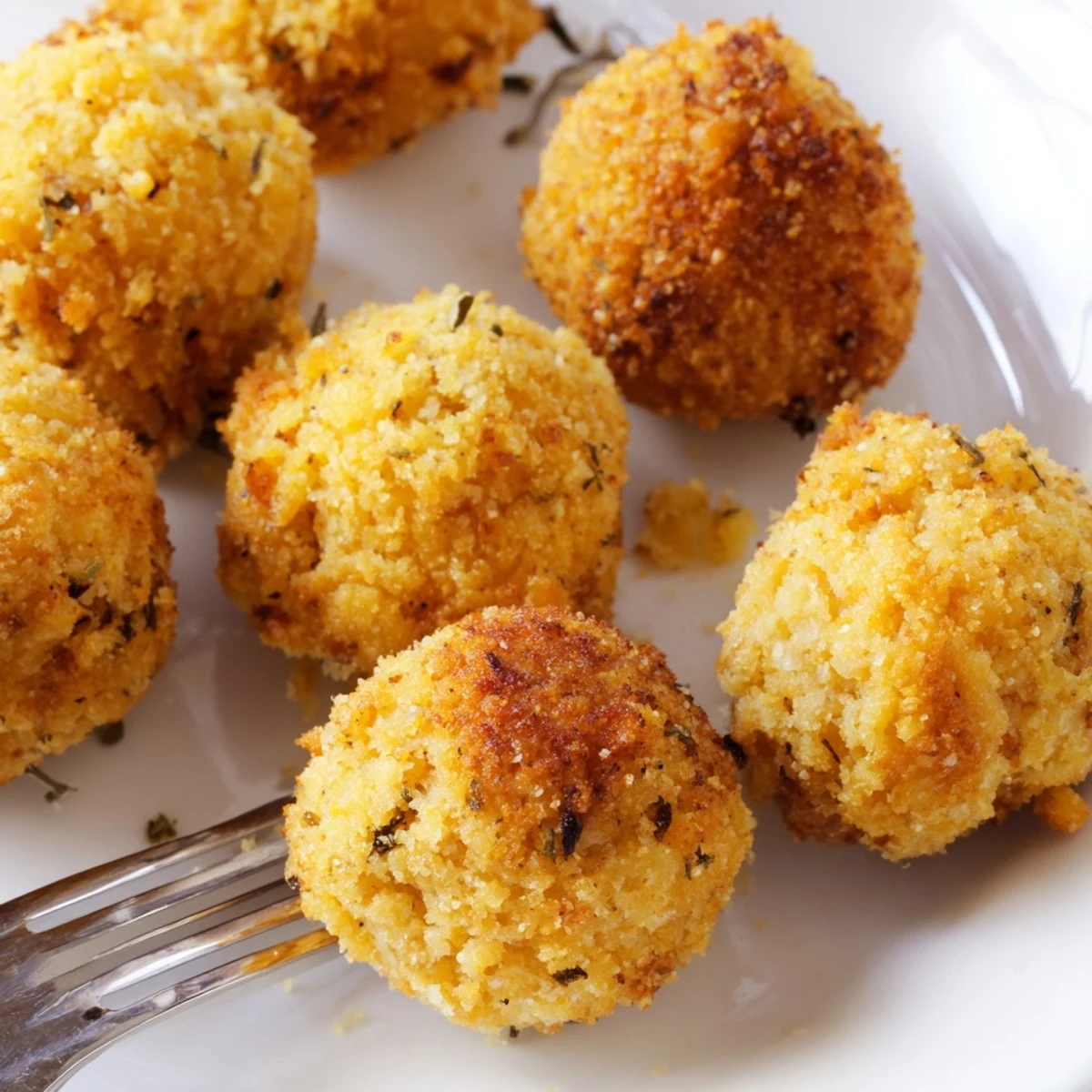 Crispy exterior fried cornbread balls filled with savory onion celery dressing mixture