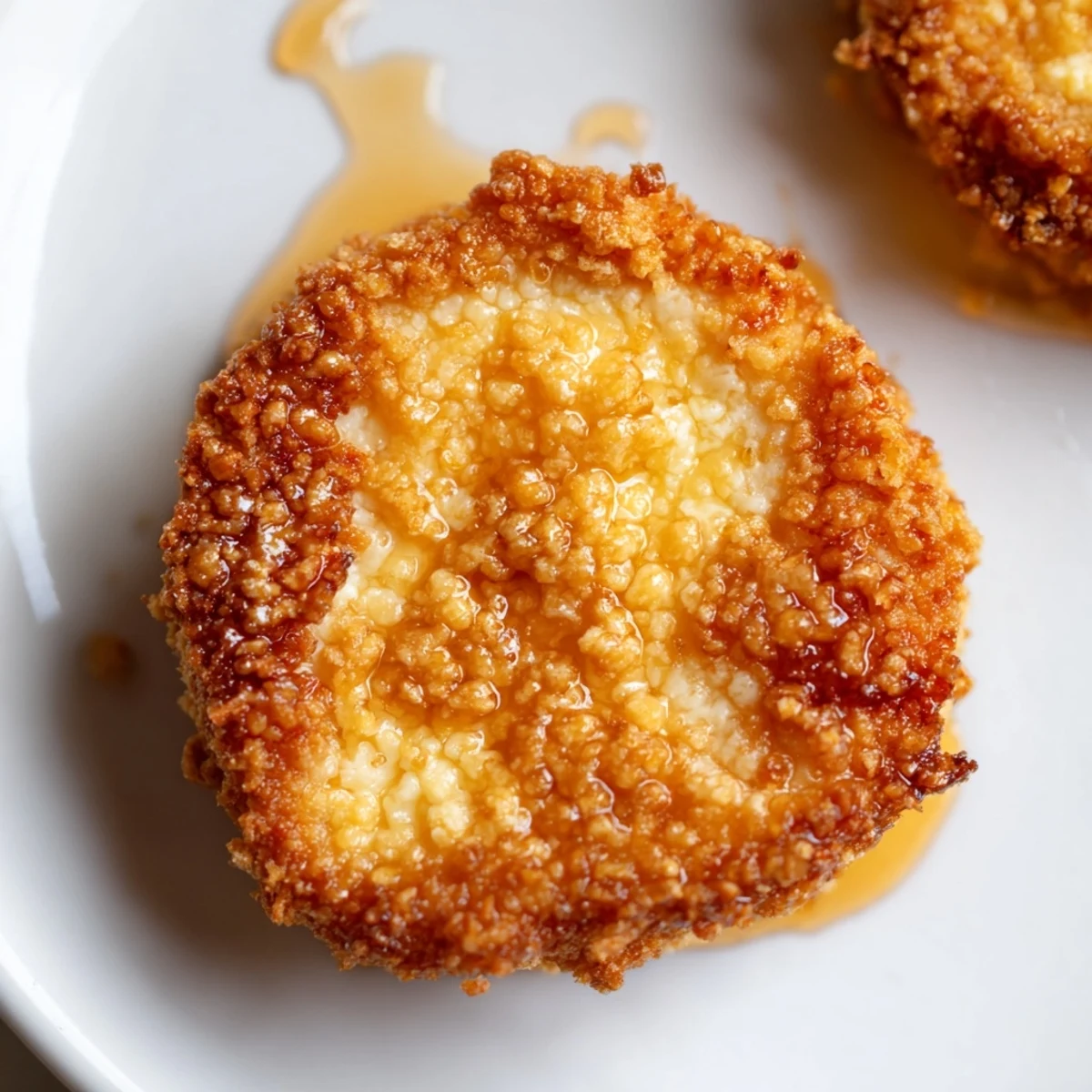 Golden brown crispy fried goat cheese medallions with a crunchy pretzel crust topping