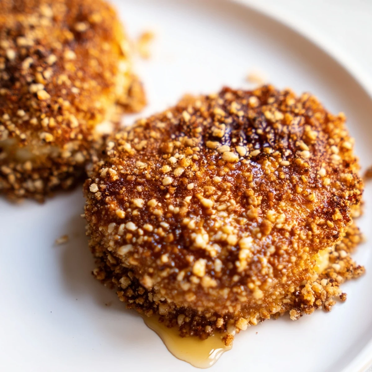 Fried goat cheese rounds coated in salty pretzel crumbs served on white plate