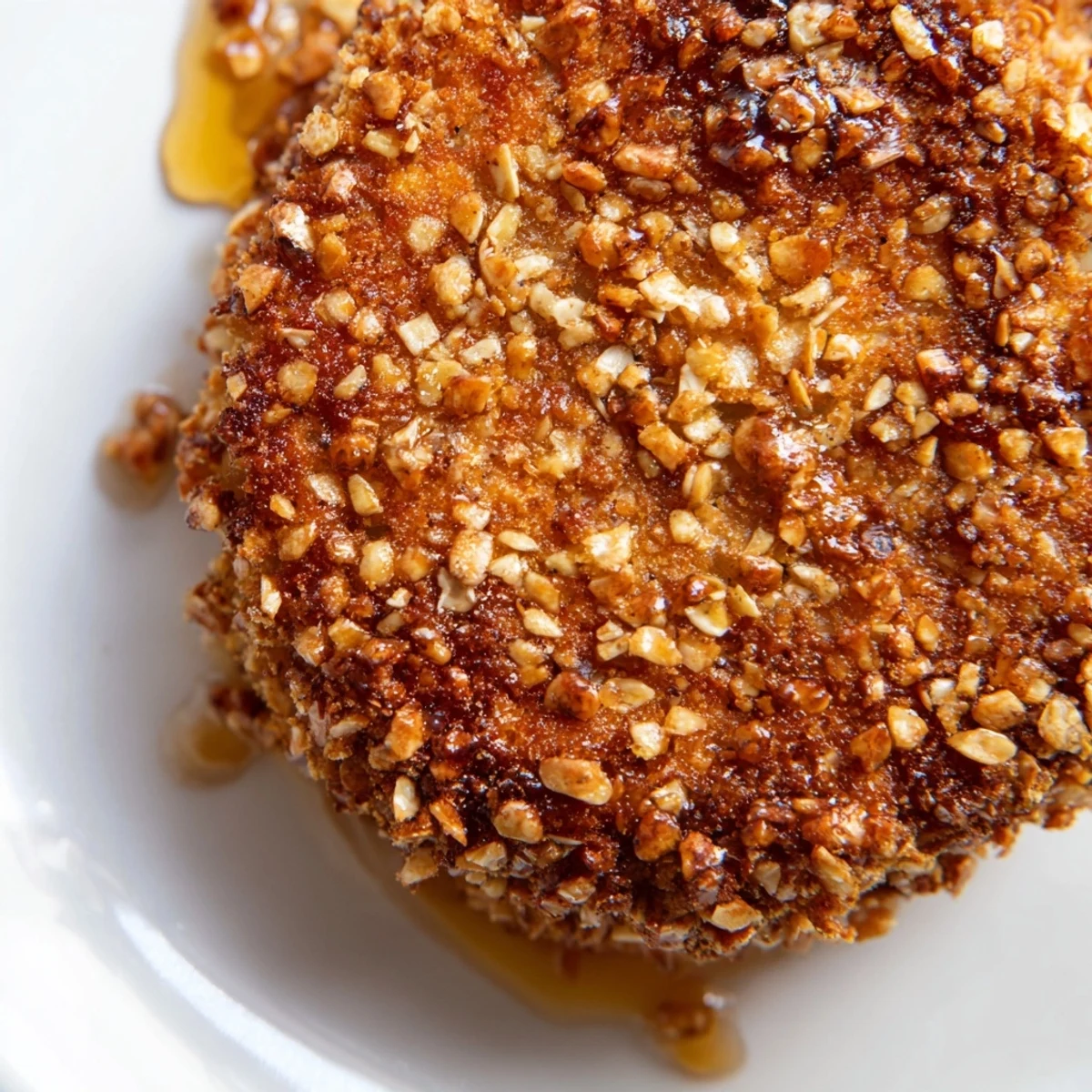 Crispy pretzel crusted goat cheese appetizer garnished with fresh herbs and honey drizzle