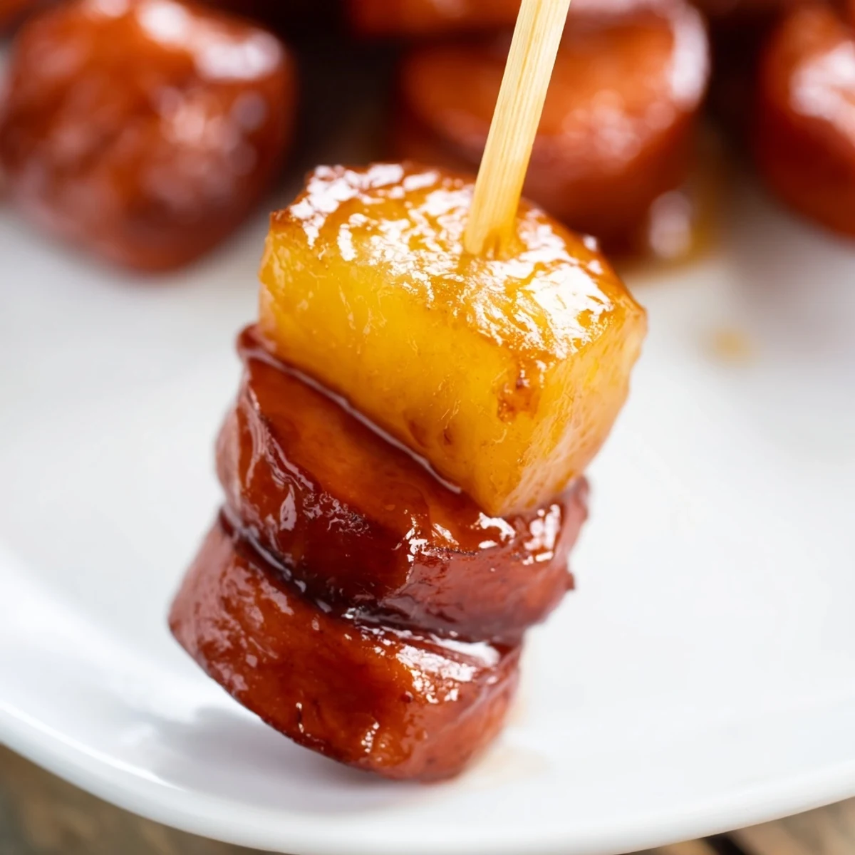 Golden glazed kielbasa pineapple bites arranged on a serving platter with glossy caramelized coating