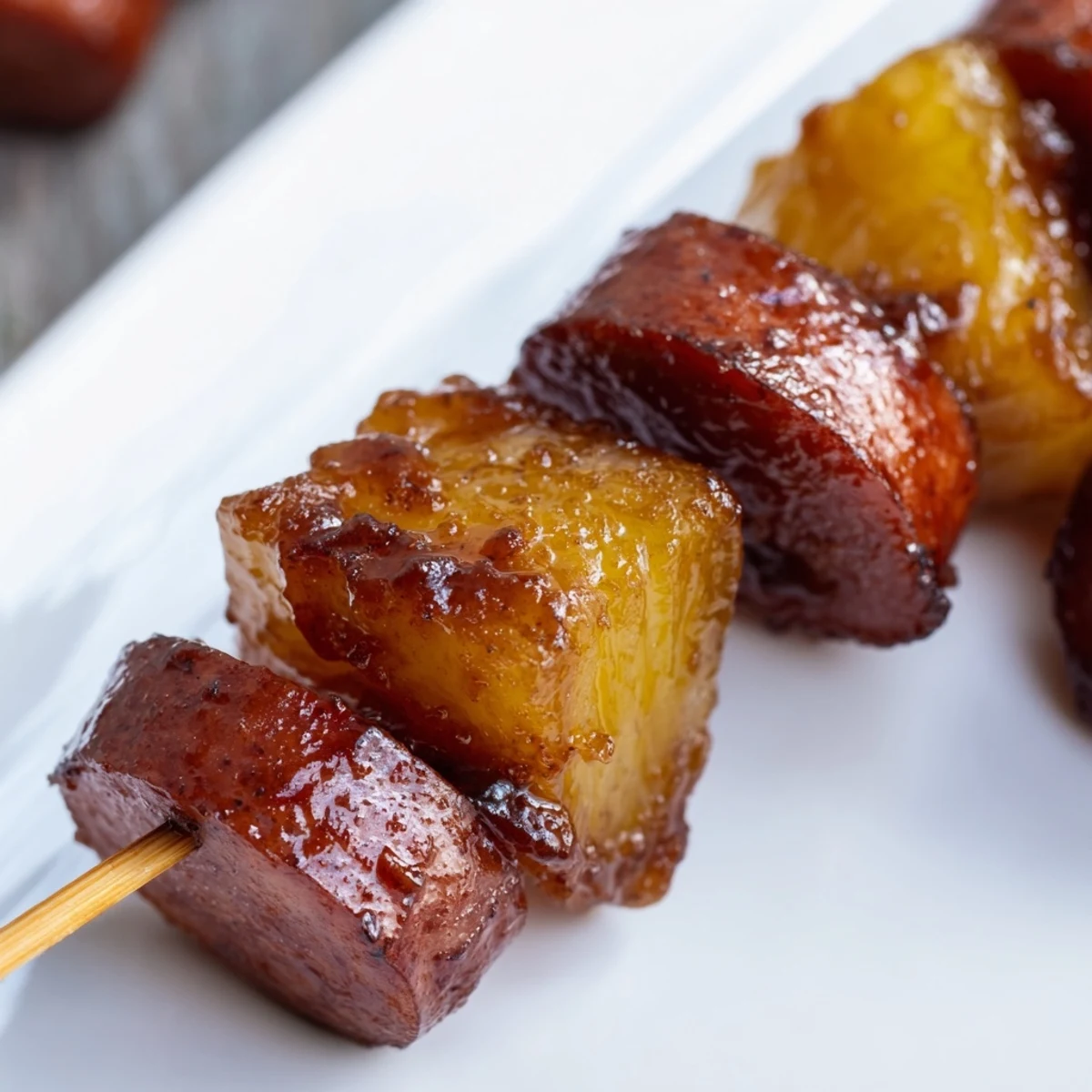 Savory sausage slices and sweet pineapple chunks threaded on toothpicks after baking in tangy barbecue glaze
