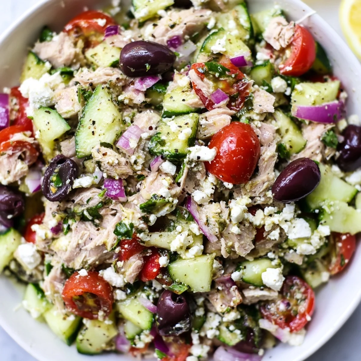 Flaky tuna tossed with crisp cucumber, cherry tomatoes, and Kalamata olives in zesty olive oil dressing