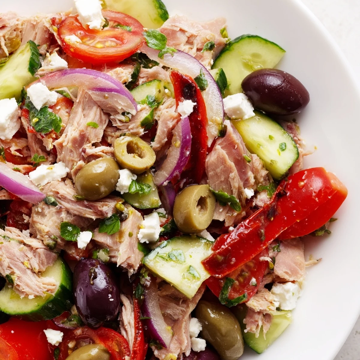 Healthy Mediterranean tuna salad featuring bright red peppers, fresh herbs, and tangy lemon vinaigrette for lunch