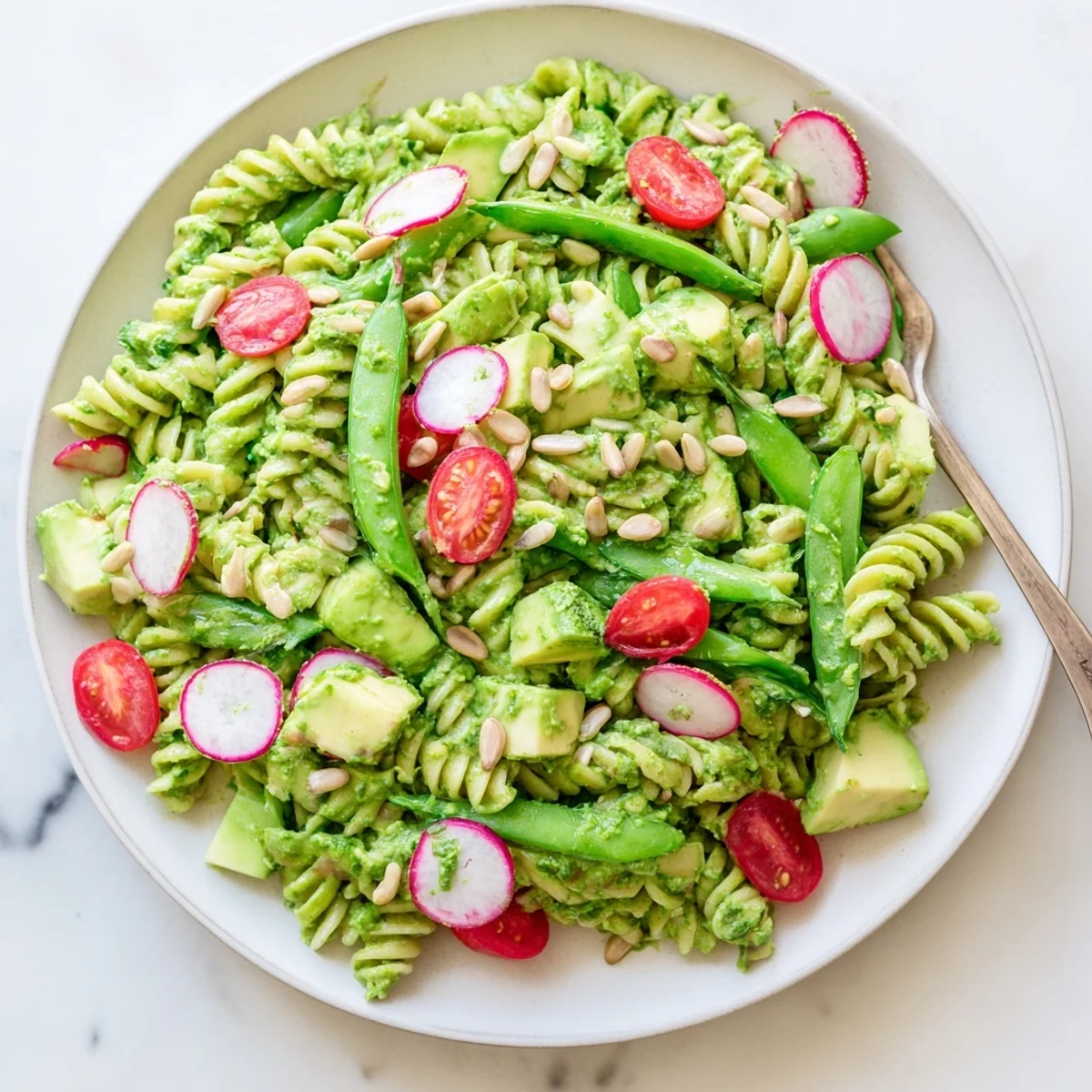 Colorful Green Goddess Pasta Salad with crisp vegetables and creamy herb dressing in a serving bowl