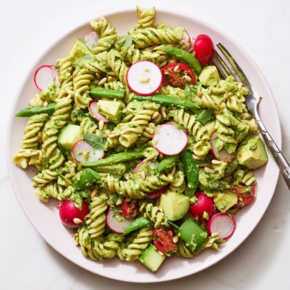Fresh Green Goddess Pasta Salad tossed with cherry tomatoes, cucumber, snap peas, and tangy green dressing