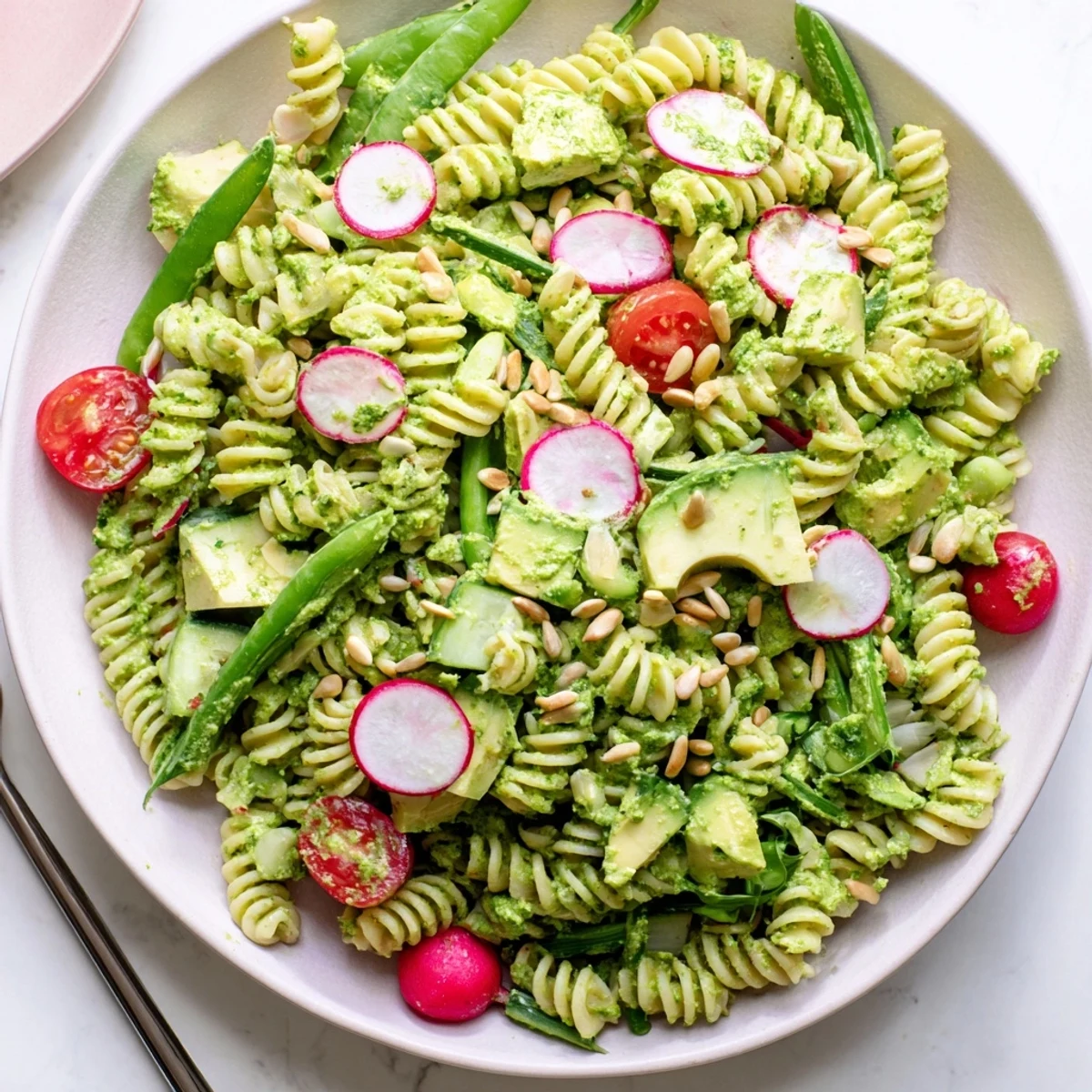 Creamy Green Goddess Pasta Salad featuring vibrant herbs, crisp veggies, and homemade dressing for summer potlucks
