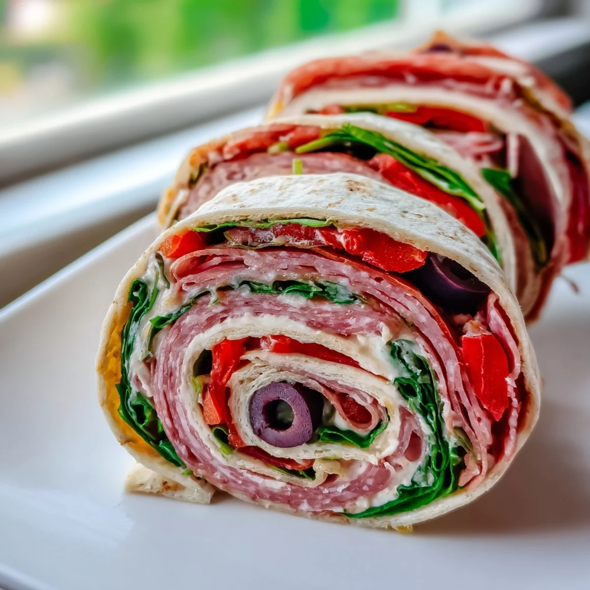 Italian pinwheel sandwiches with layers of salami, pepperoni, provolone cheese, roasted red peppers