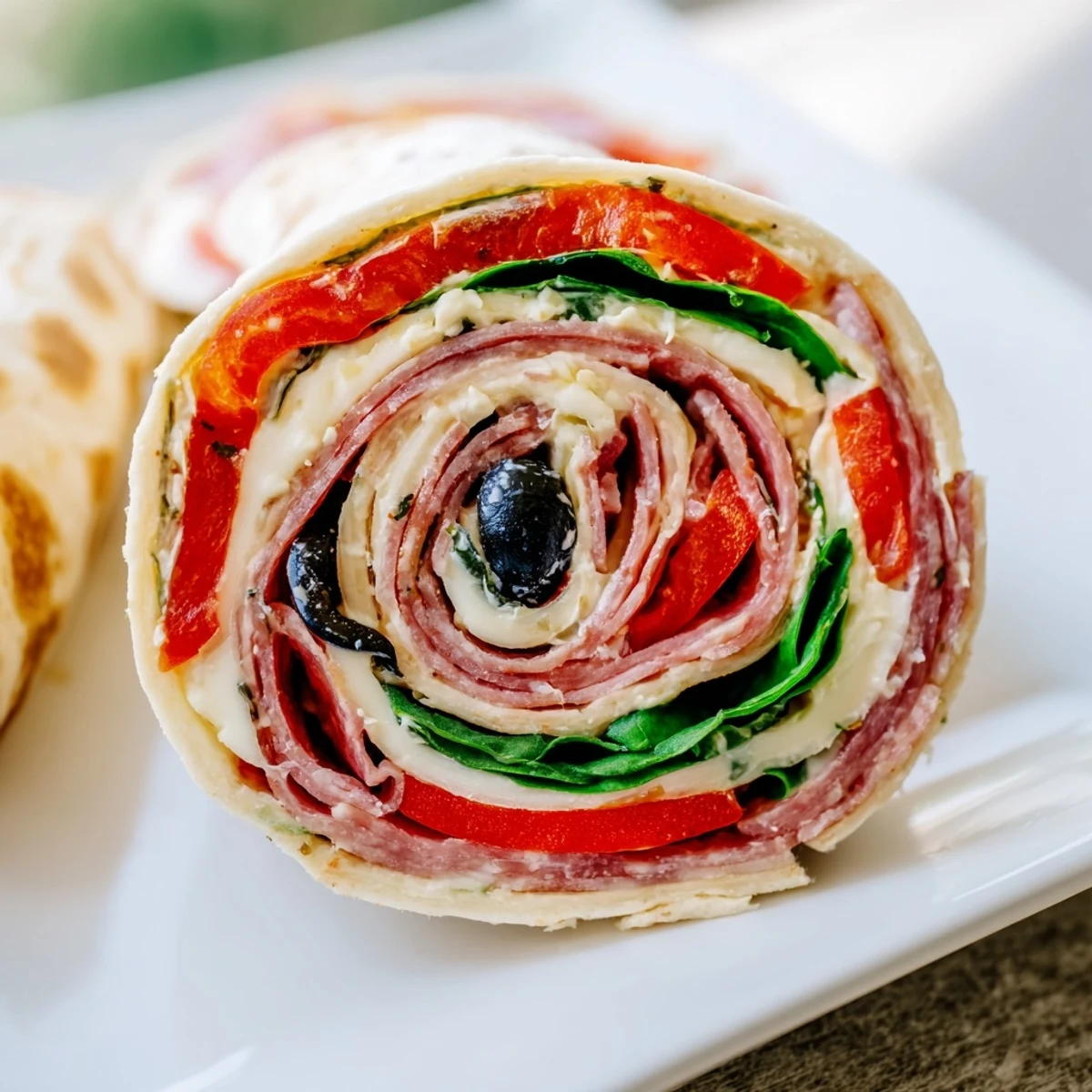 Sliced pinwheel sandwiches revealing colorful spinach, black olives, and Italian meats rolled in flour tortillas