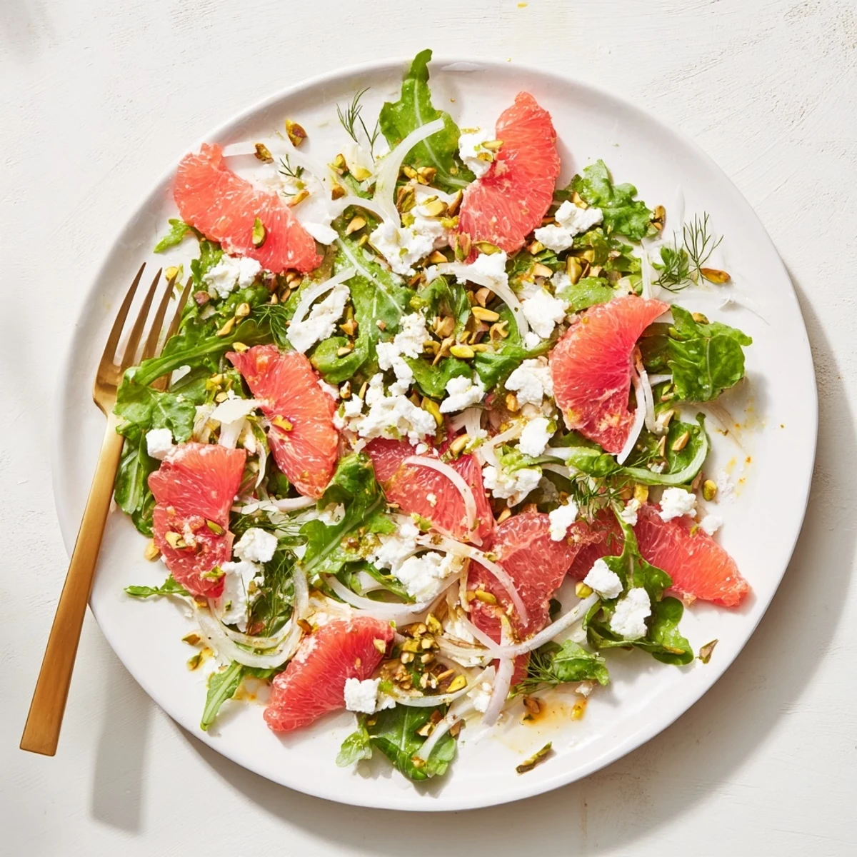 Fresh Grapefruit, Goat Cheese & Fennel Salad with pink grapefruit segments, creamy crumbles, and shaved fennel on greens