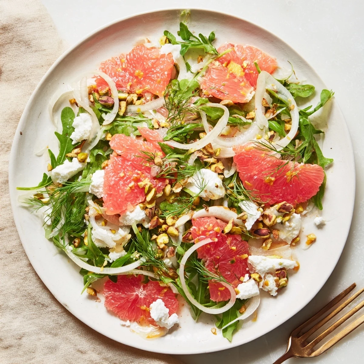 Glowing Grapefruit, Goat Cheese & Fennel Salad featuring citrus segments, peppery arugula, fennel slices, and tangy goat cheese