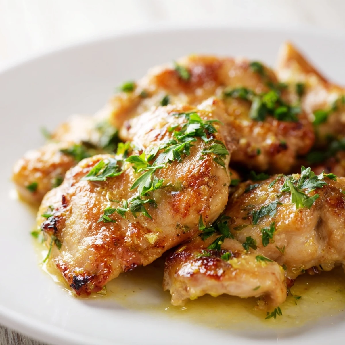 Golden brown garlic butter chicken bites seared in a skillet with fresh parsley garnish