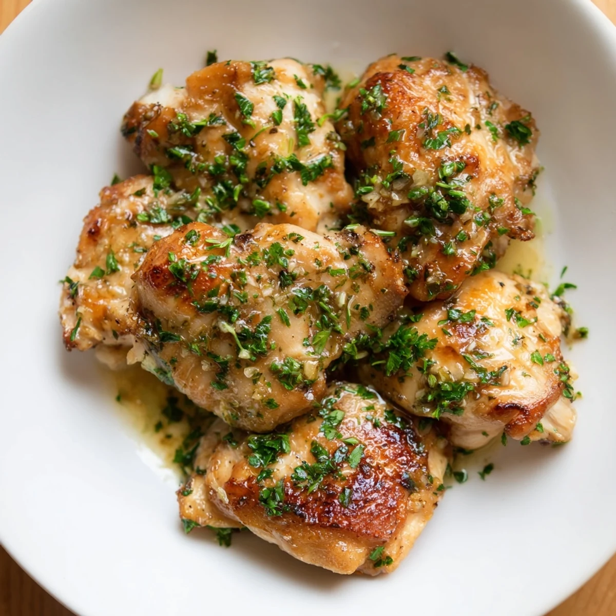 Tender juicy chicken pieces tossed in rich melted garlic butter sauce with lemon wedges