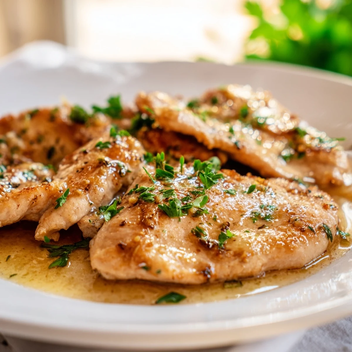 Crispy pan-fried chicken bites coated in savory garlic butter and topped with green herbs