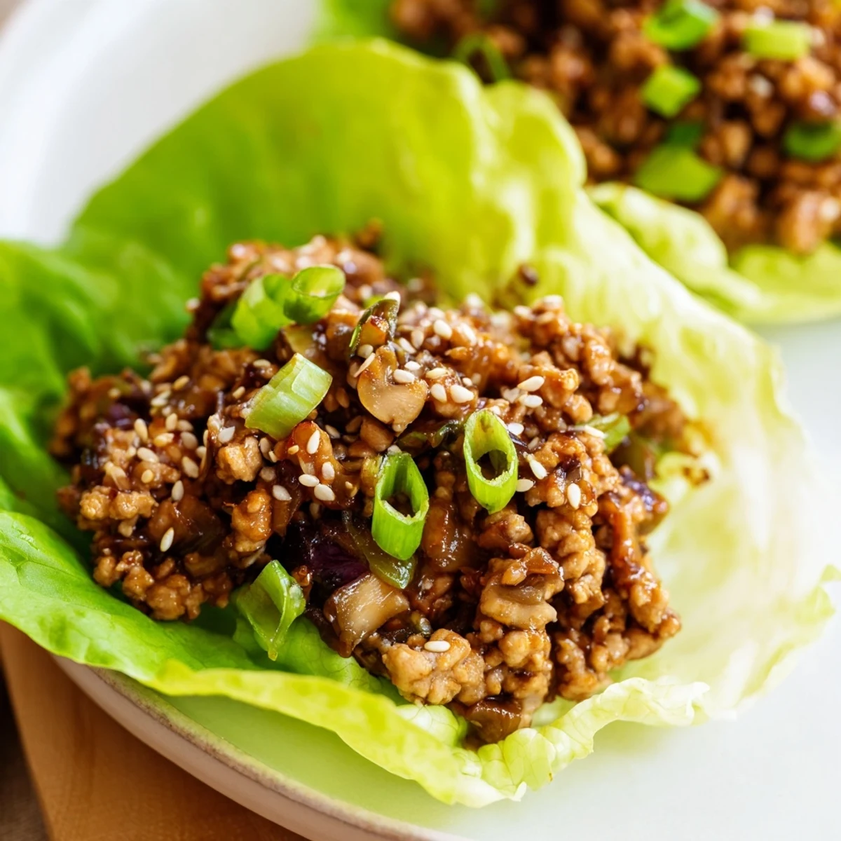 Savory ground chicken filling with water chestnuts nestled in crisp butter lettuce cups