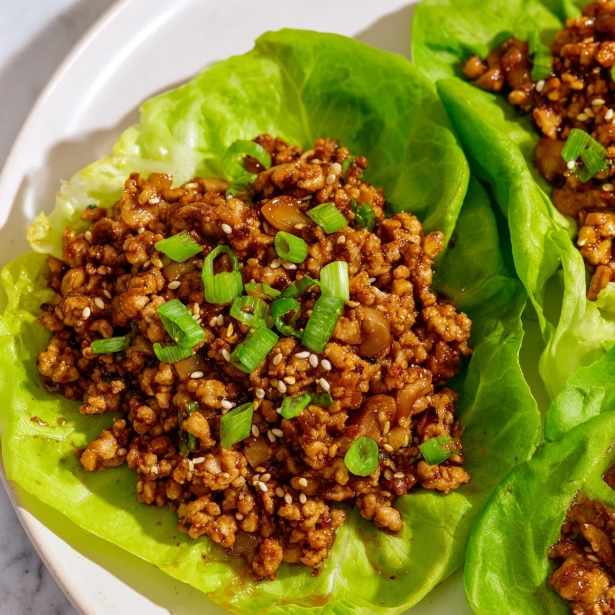 Homemade chicken lettuce wraps with crunchy vegetables and garnishes ready for weeknight dining