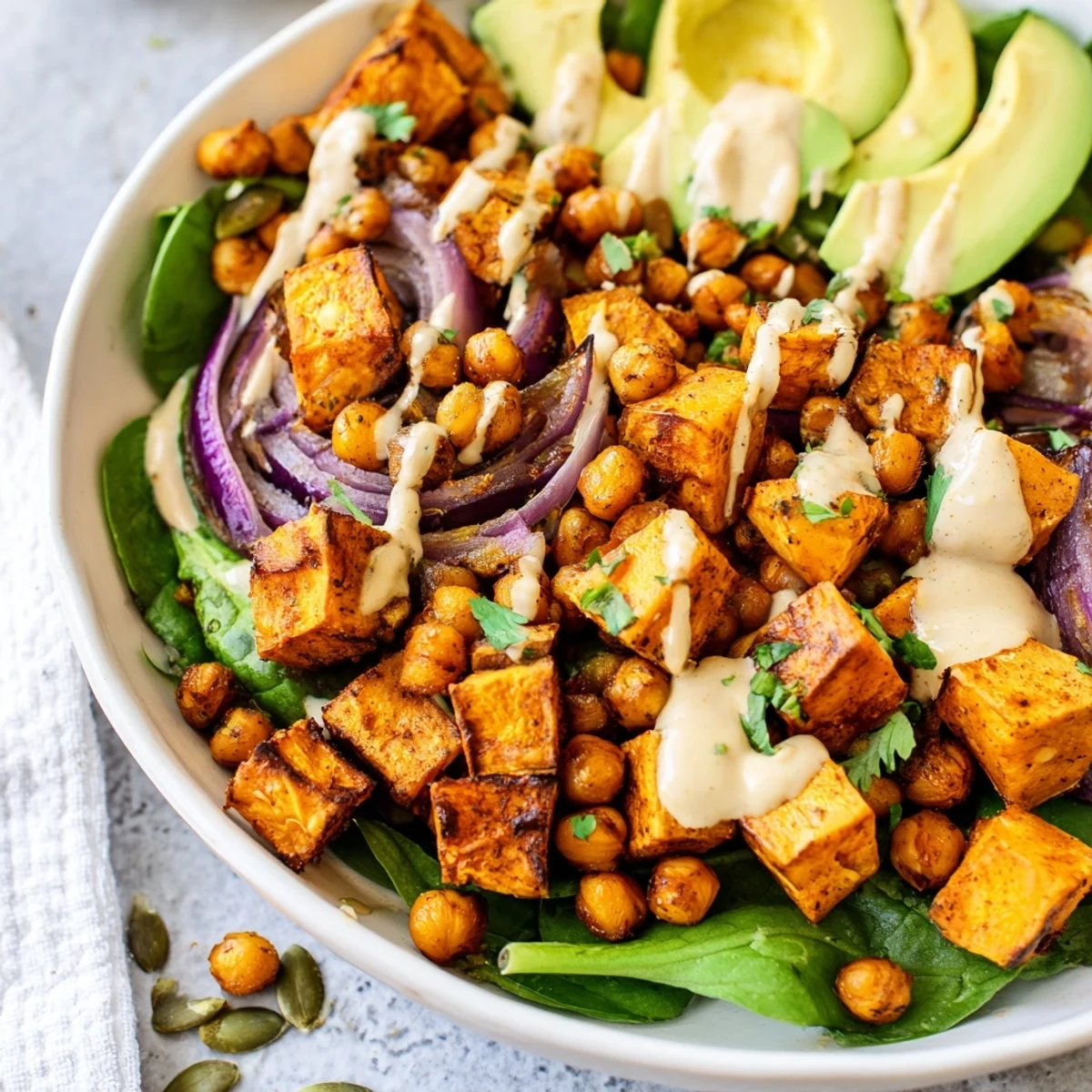 Vibrant vegetarian roasted sweet potato and chickpea bowls featuring roasted red onion and silky tahini lemon dressing