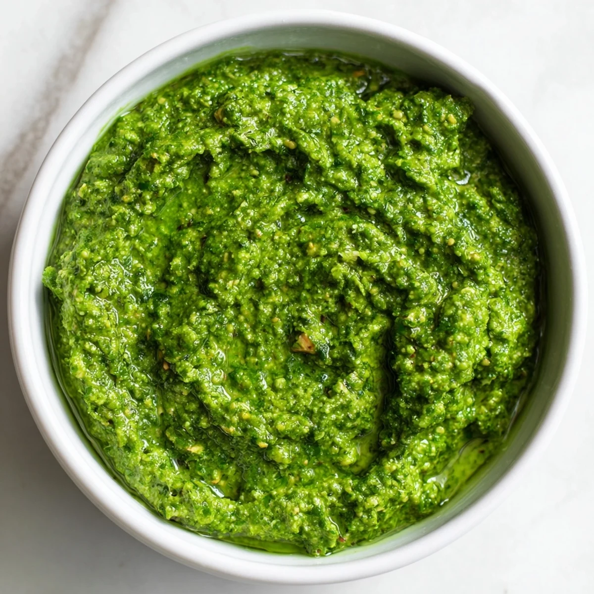 Vibrant green Thai basil pesto swirled in a white ceramic bowl with fresh basil leaves garnish
