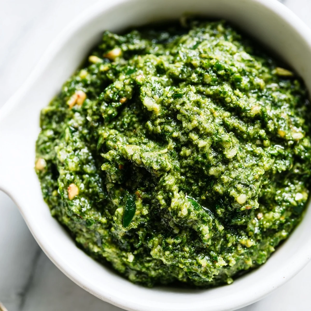 Creamy Thai basil pesto sauce drizzled over steaming rice noodles with chopped cashews and lime wedge