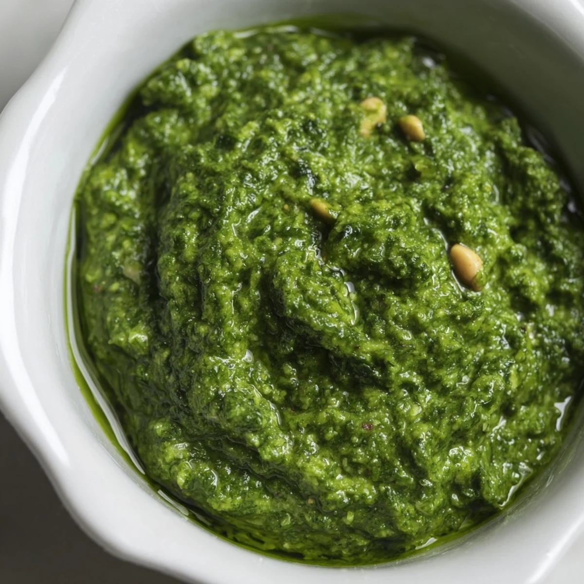 Close-up of aromatic Thai basil pesto texture showing flecks of garlic and bright green herbs