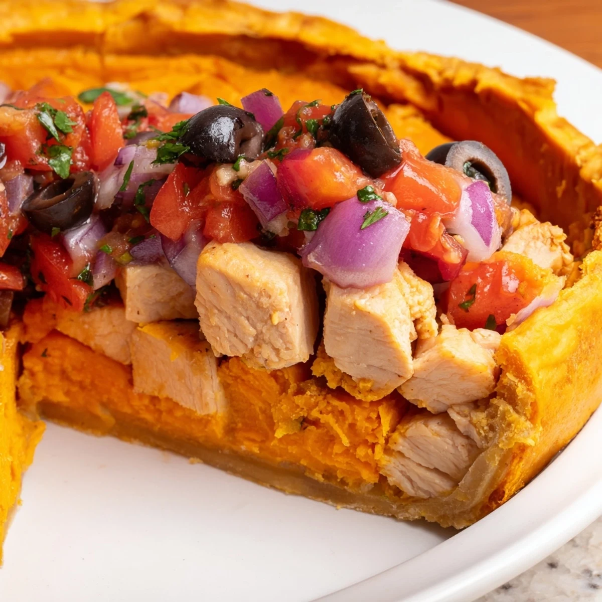Flaky crusted sweet potato chicken pie plated with vibrant red tomato olive salsa