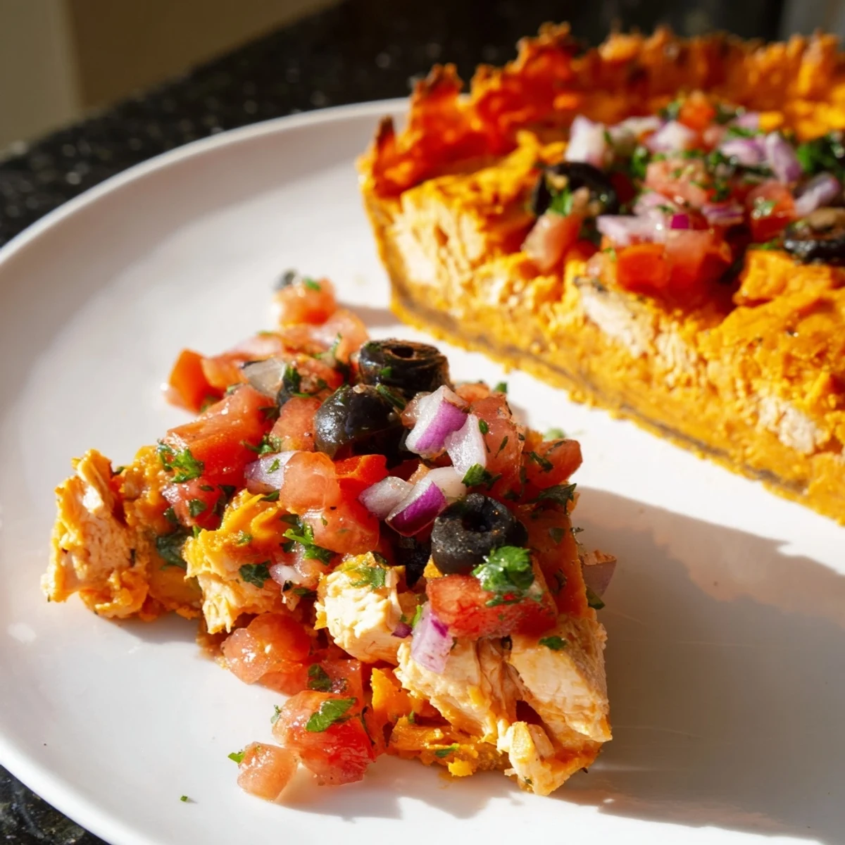 Homemade sweet potato and chicken pie sliced fresh with Mediterranean tomato olive salsa