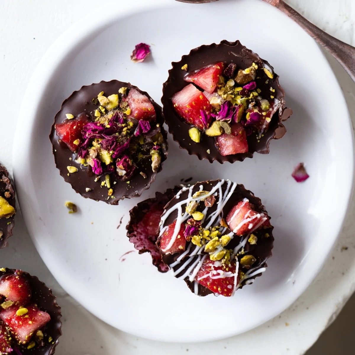 Decadent Dubai chocolate covered strawberry cups topped with pistachios and rose petals