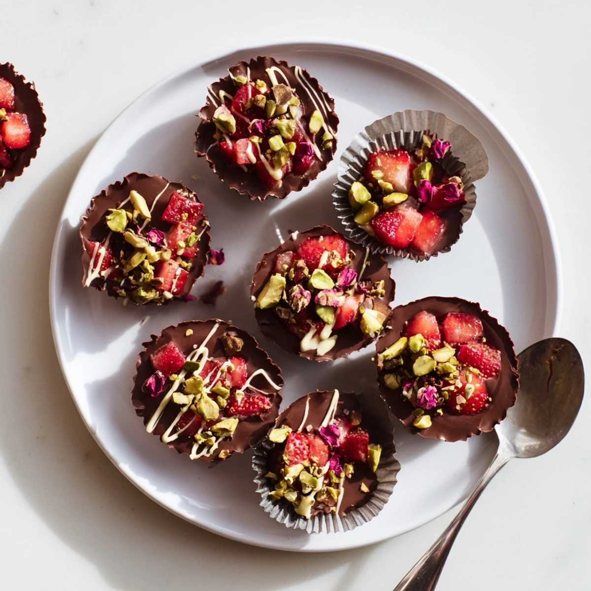 Elegant Middle Eastern dessert featuring strawberries in silky chocolate with edible gold accents