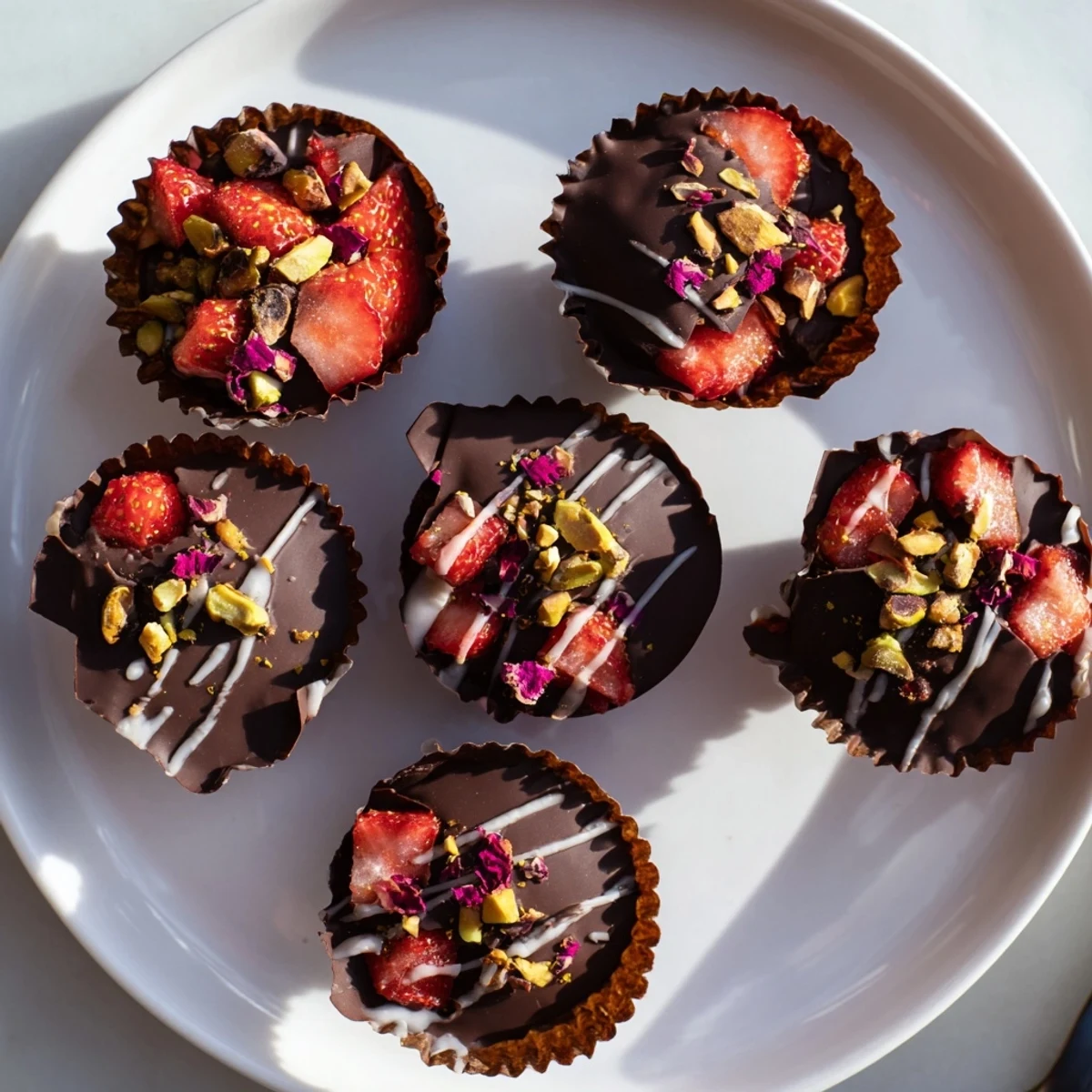 Rich dark chocolate cups filled with sweet strawberries and crunchy pistachio garnish