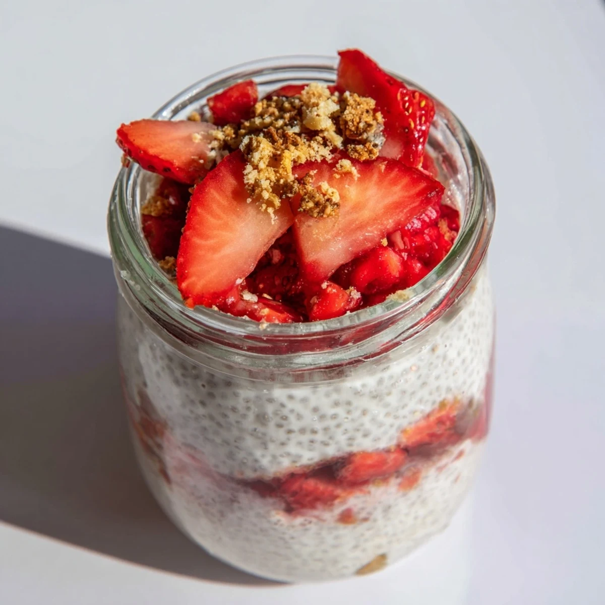 Glass jar layered with creamy strawberry cheesecake chia pudding topped with fresh strawberry slices and mint