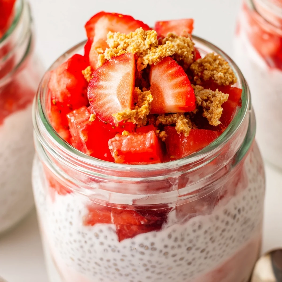 Creamy white chia pudding layered with bright red strawberry compote and cheesecake filling in clear glass